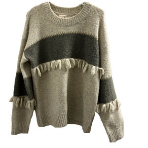 Hem & Thread Cream and Gray, Green Sweater with Fringe and gold metallic